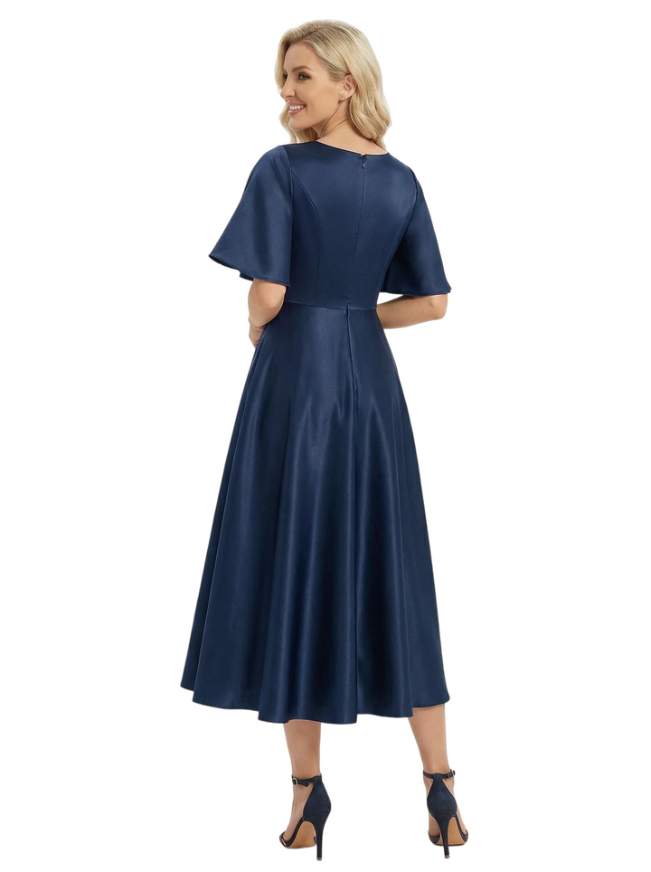 Chicsew Elegant Mother Of The Bride Dress V-Neck Short Sleeves Satin A-Line Tea-Length Gown