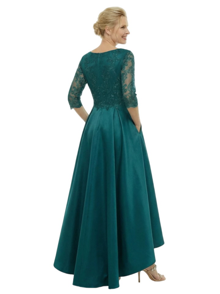 Chicsew Classy Mother of The Bride Dress V-Neck 3/4 Sleeves Beaded Bodice High-Low Satin Fabric Pockets Flowy Glamorous Formal Wedding Event Gown