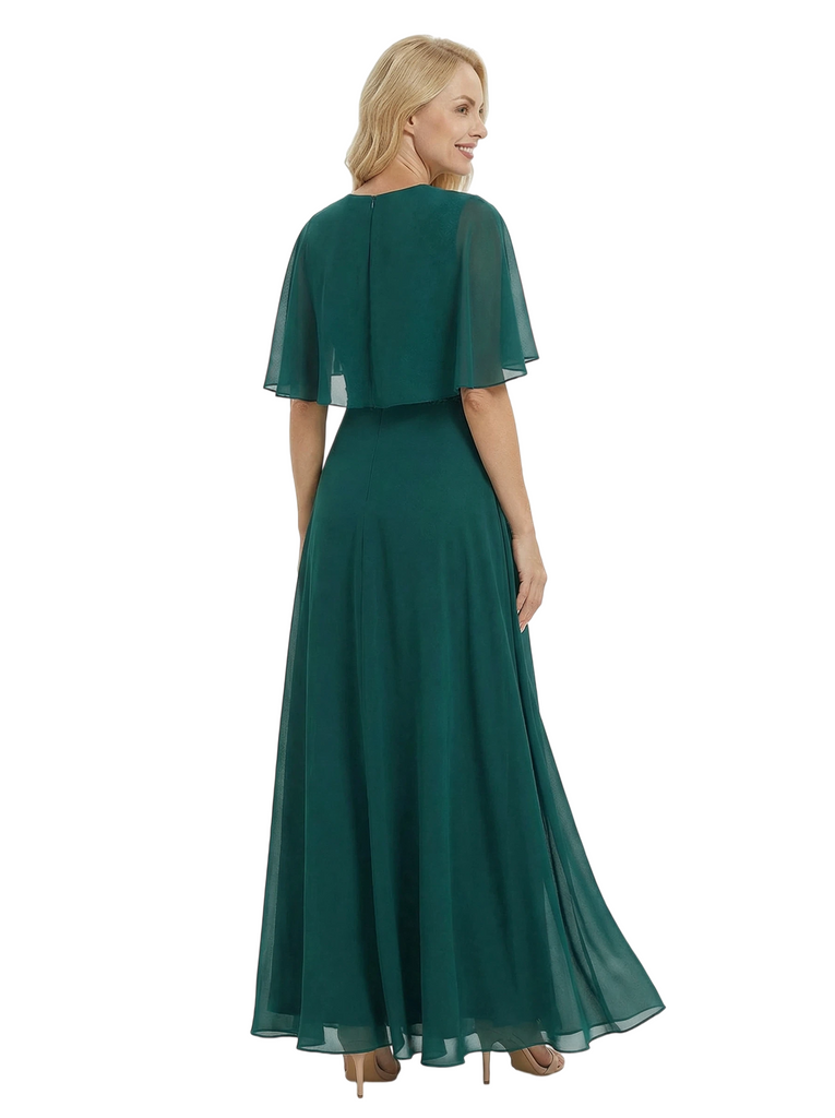 Chicsew Elegant Mother Of The Bride Dress Short Sleeves Lace Chiffon Floor-Length A-Line Gown