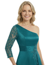 Chicsew Mother of The Bride Dresses One Shoulder 3/4 Sleeve Lace Satin Maxi Gown Unique Side Slit Formal Wedding Event Attire