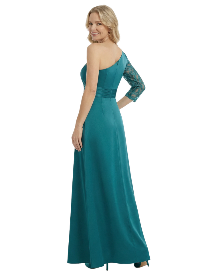Chicsew Mother of The Bride Dresses One Shoulder 3/4 Sleeve Lace Satin Maxi Gown Unique Side Slit Formal Wedding Event Attire