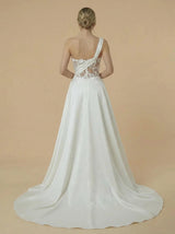 Mermaid One Shoulder Lace Applique Maxi Long Satin Wedding Dresses Overskirt