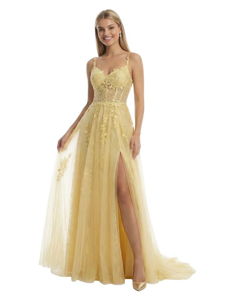 ChicSew See Through Lace Corset V-Neck Side Slit A-Line Floor Length Prom Dress