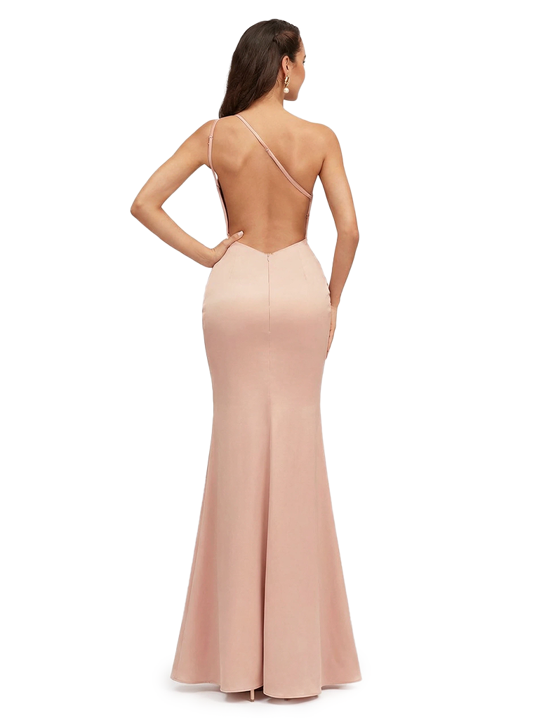 Sexy One Shoulder Open Back Mermaid Silky Satin Floor Length Evening Formal Dresses