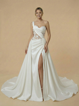 Mermaid One Shoulder Lace Applique Maxi Long Satin Wedding Dresses Overskirt