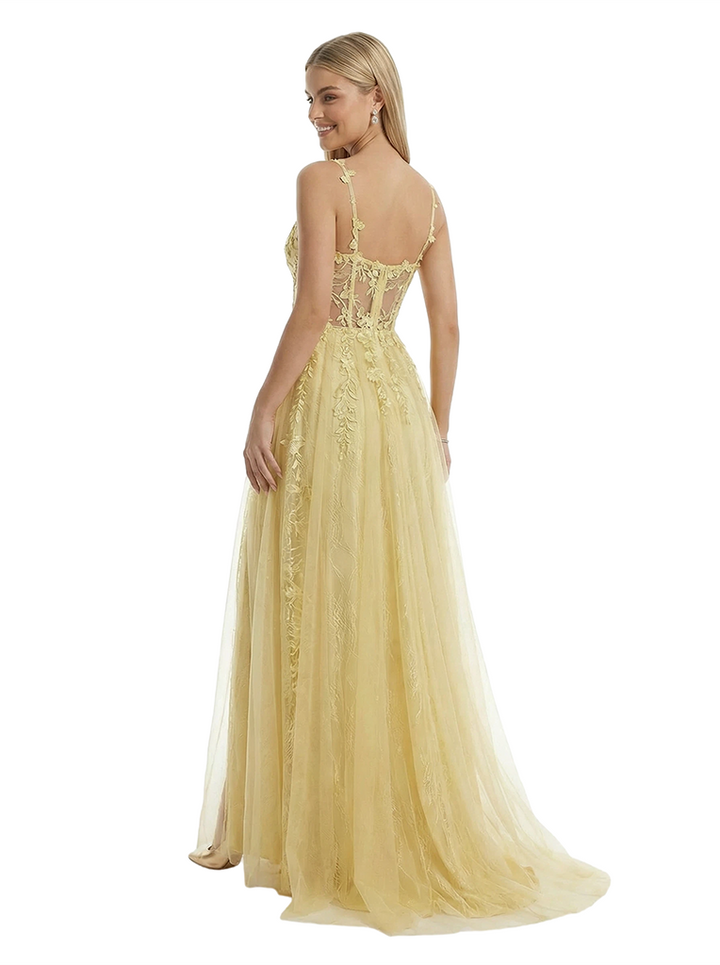 ChicSew See Through Lace Corset V-Neck Side Slit A-Line Floor Length Prom Dress