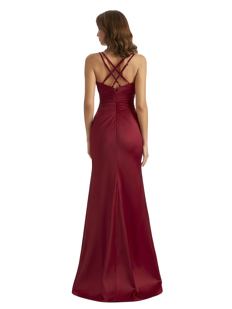 Sexy Mermaid Ruching Spaghatti Straps Side Slit Silky Satin Maxi Evening Gowns For Ladies