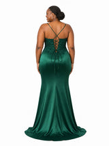ChicSew Spaghetti Straps Mermaid Lace Appliques Side Slit Soft Satin Long Bridesmaid Dresses