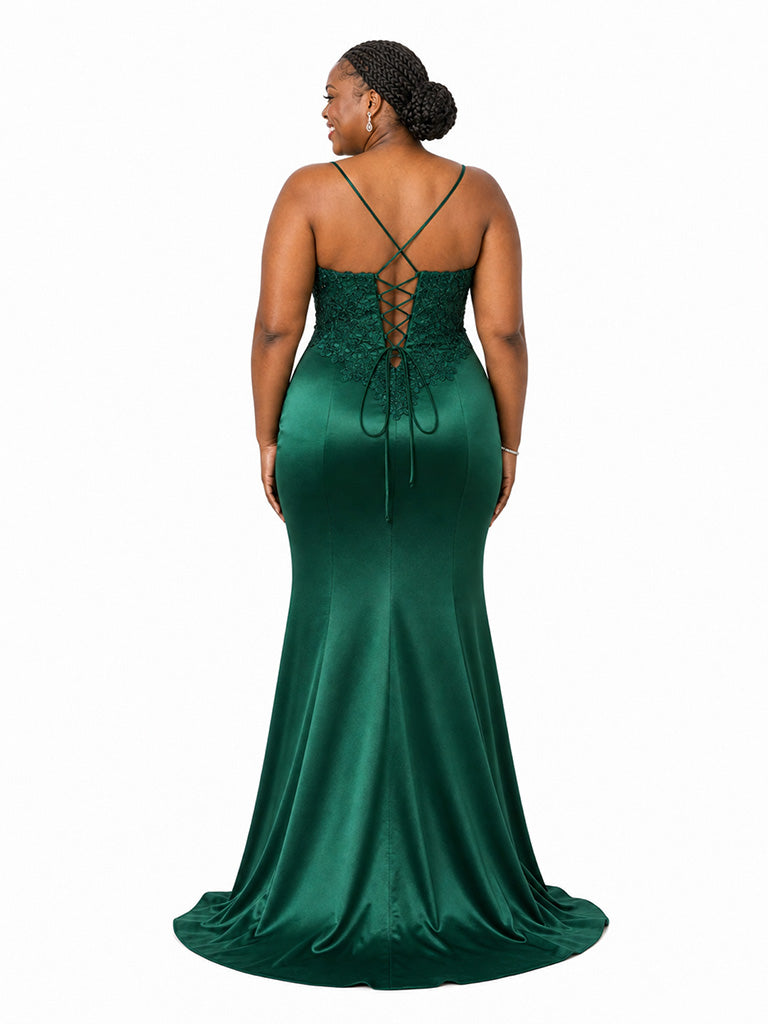 ChicSew Spaghetti Straps Mermaid Lace Appliques Side Slit Soft Satin Long Bridesmaid Dresses