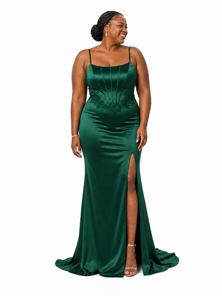 ChicSew Spaghetti Straps Mermaid Lace Appliques Side Slit Soft Satin Long Bridesmaid Dresses