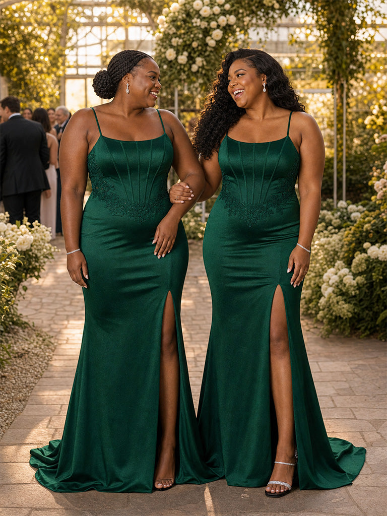 ChicSew Spaghetti Straps Mermaid Lace Appliques Side Slit Soft Satin Long Bridesmaid Dresses