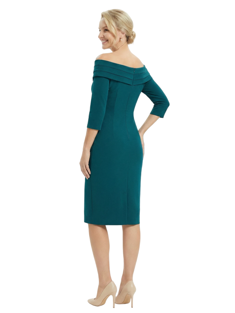 Chicsew Mother of The Groom Dresses Off The Shoulder 3/4 Sleeve Satin Sheath Midi Dress Pretty Lace Detailed Formal Bridal Party Attire