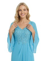 Chicsew Mother of The Groom Dresses V-Neck Long Sleeve Lace Chiffon Maxi Gown Unique Ruffled Formal Bridal Party Dress
