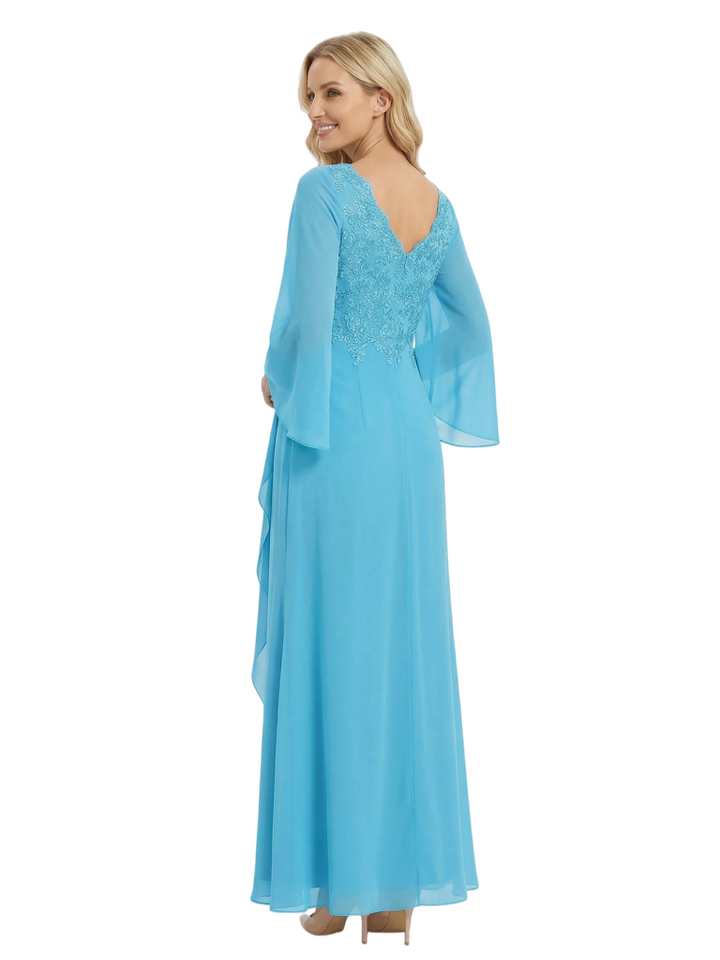 Chicsew Mother of The Groom Dresses V-Neck Long Sleeve Lace Chiffon Maxi Gown Unique Ruffled Formal Bridal Party Dress