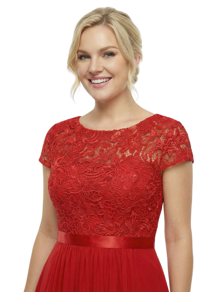 Chicsew Mother of The Bride Dresses Scoop Short Sleeve Lace Maxi Gown Unique Formal Wedding Attire