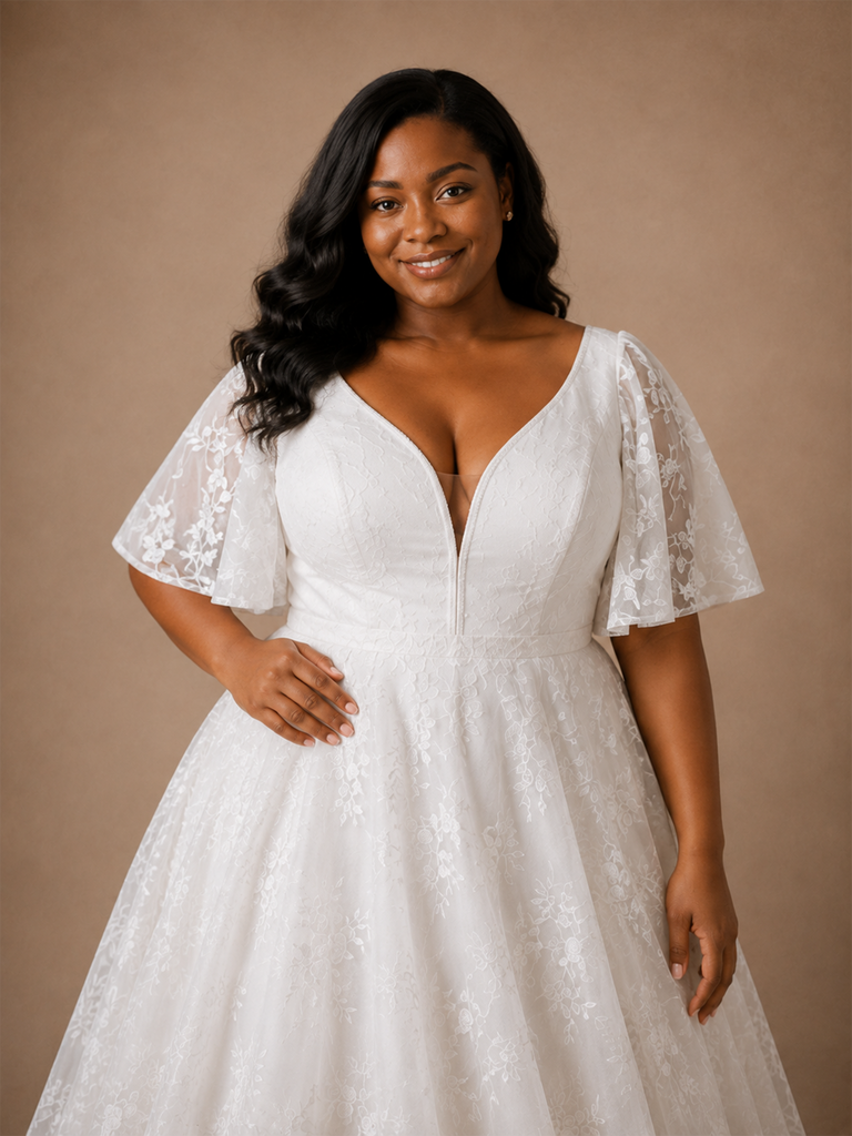 ChicSew Elegant V-Neck Lace Applique Flutter Sleeves A-Line Floor-Length Wedding Dress