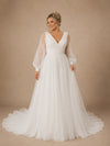 ChicSew Elegant V-Neck Long Sleeves A-Line Tulle Floor-Length Wedding Dresses