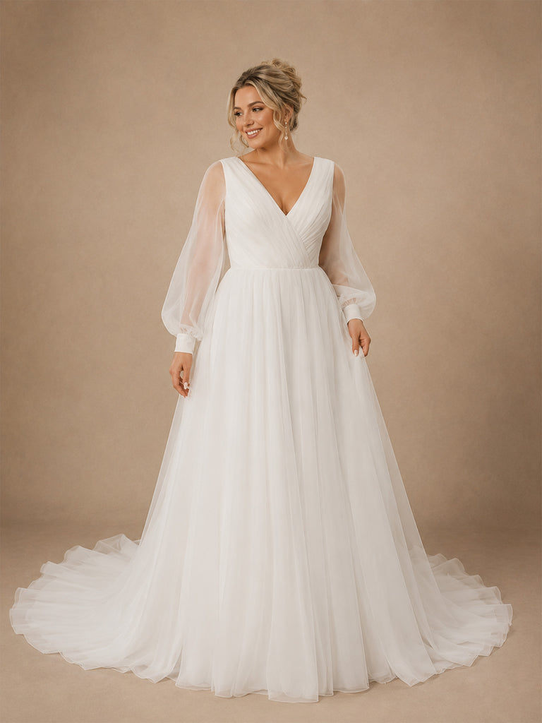 ChicSew Elegant V-Neck Long Sleeves A-Line Tulle Floor-Length Wedding Dresses