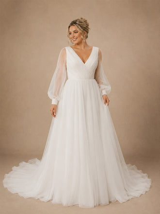 ChicSew Elegant V-Neck Long Sleeves A-Line Tulle Floor-Length Wedding Dresses