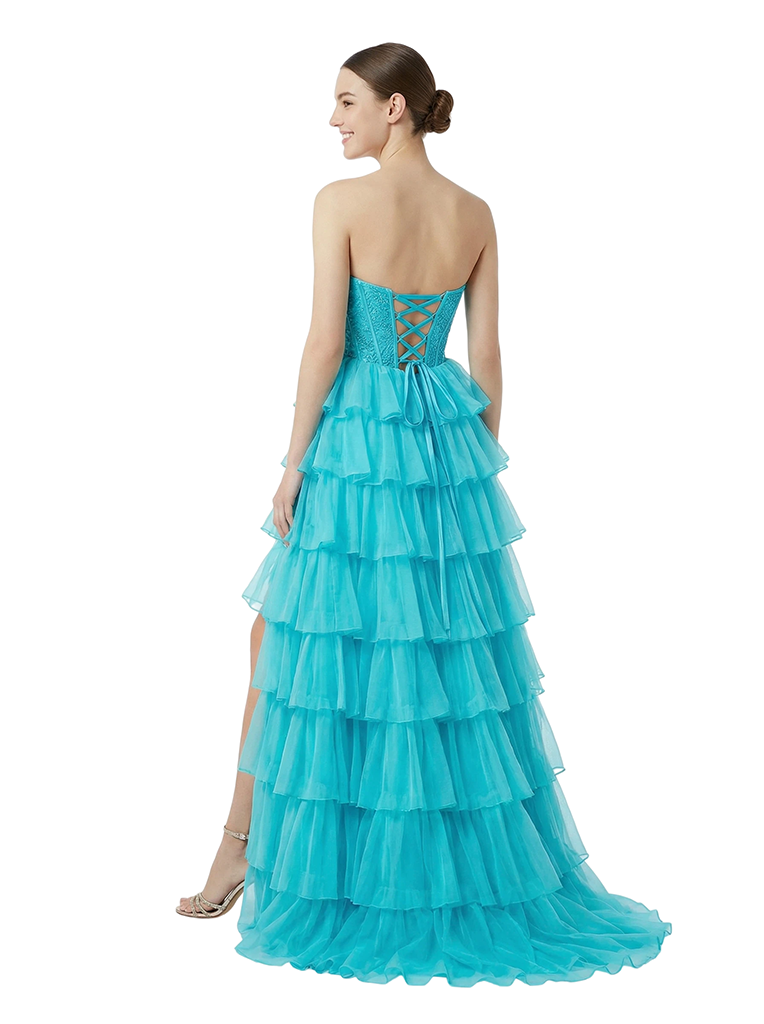 Elegant Strapless Side Slit Sleeveless Ruffles A-Line Corset  Chiffon Formal Prom Dress