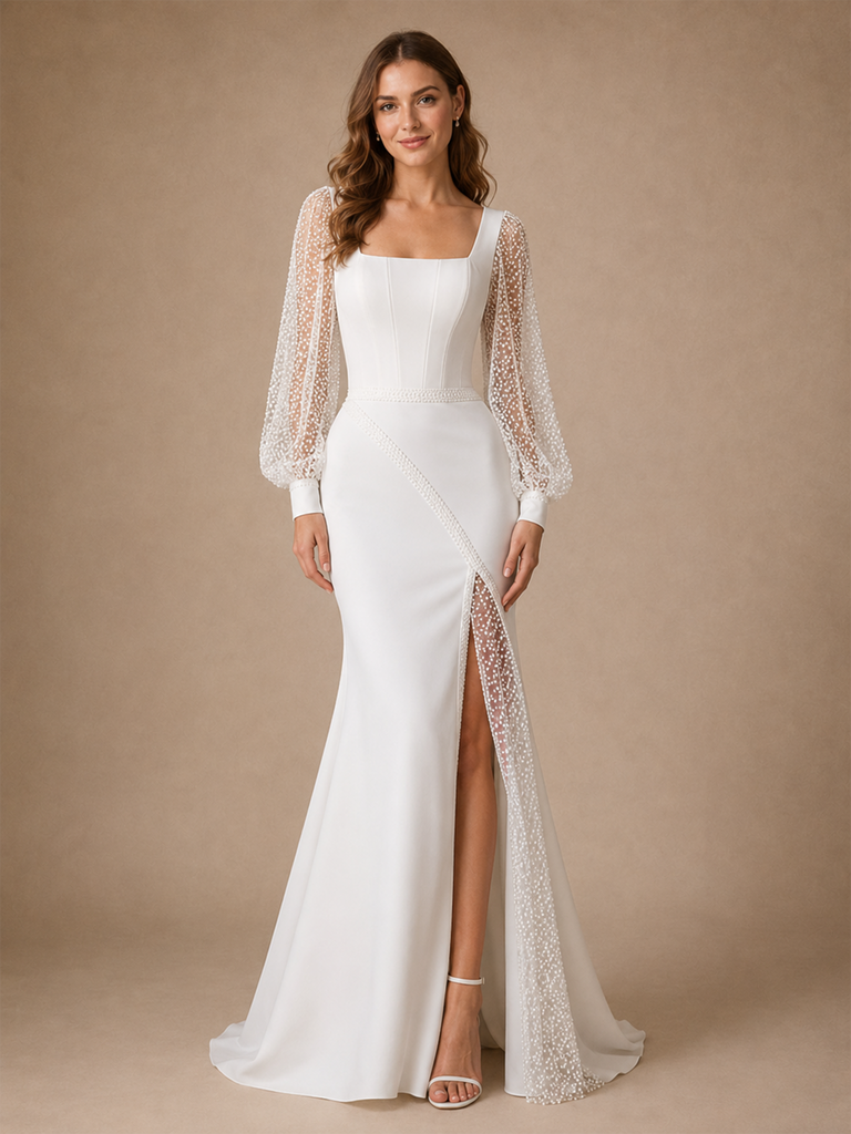 ChicSew Unique Mermaid Square Neck Crepe Beaded Tulle Long Sleeves Floor-Length Wedding Dress