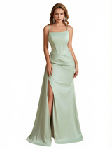 Sexy Mermaid Spaghetti Straps Side Slit Boning Silky Satin Long Evening Dresses For Ladies