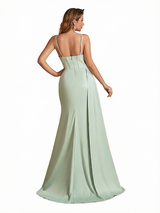 Sexy Mermaid Spaghetti Straps Side Slit Boning Silky Satin Long Evening Dresses For Ladies