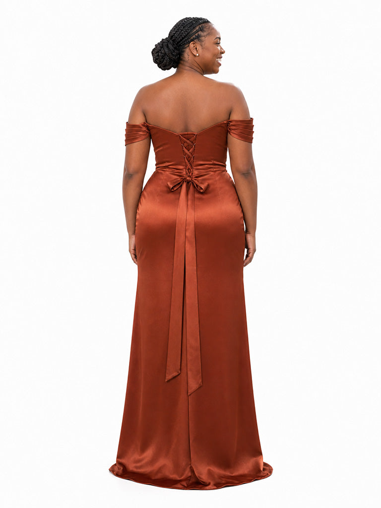 ChicSew Elegant Off Shoulder Side Slit Ruching Mermaid Soft Satin Floor-Length Bridesmaid Dresses