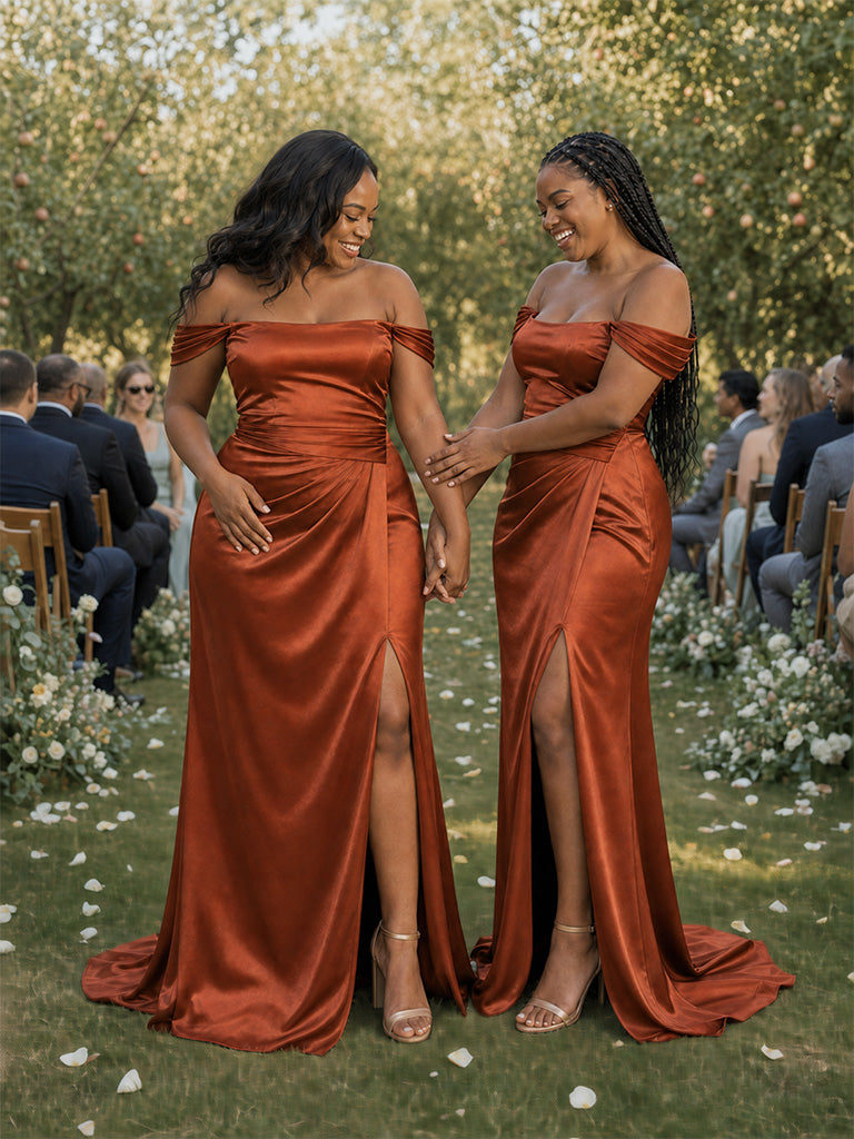 ChicSew Elegant Off Shoulder Side Slit Ruching Mermaid Soft Satin Floor-Length Bridesmaid Dresses