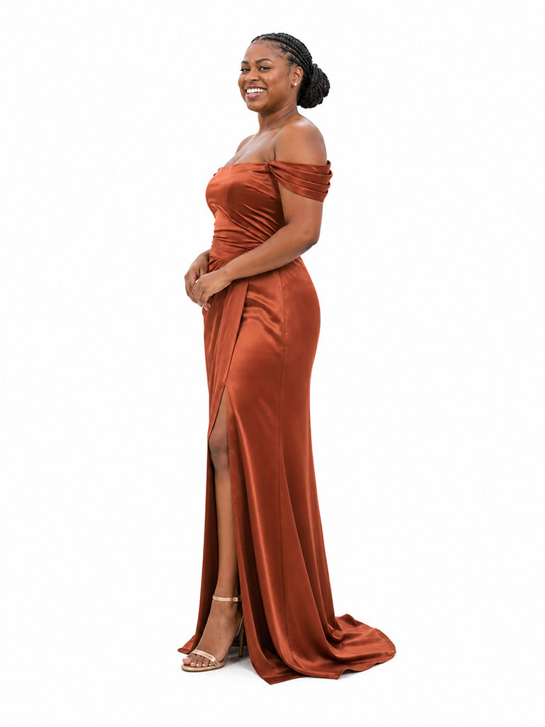 ChicSew Elegant Off Shoulder Side Slit Ruching Mermaid Soft Satin Floor-Length Bridesmaid Dresses