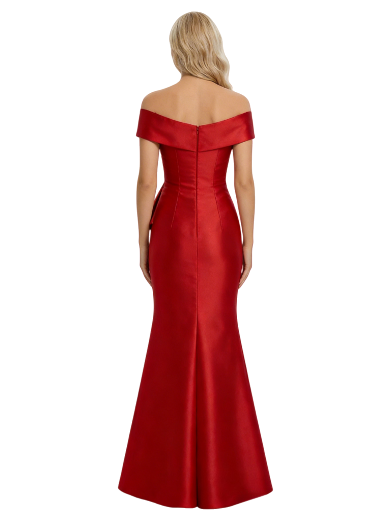 Chicsew Elegant V-Neck Off Shoulder Satin Ruffle Mermaid Mother Of The Groom Gowns