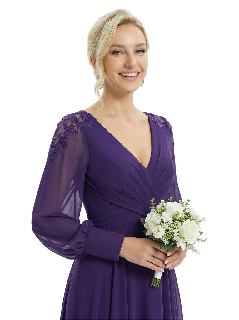 Chicsew Mother Of The Bride Dresses V-Neck Long Sleeve Slit Lace Chiffon Maxi Gown Classy Ruched