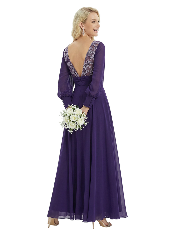 Chicsew Mother Of The Bride Dresses V-Neck Long Sleeve Slit Lace Chiffon Maxi Gown Classy Ruched