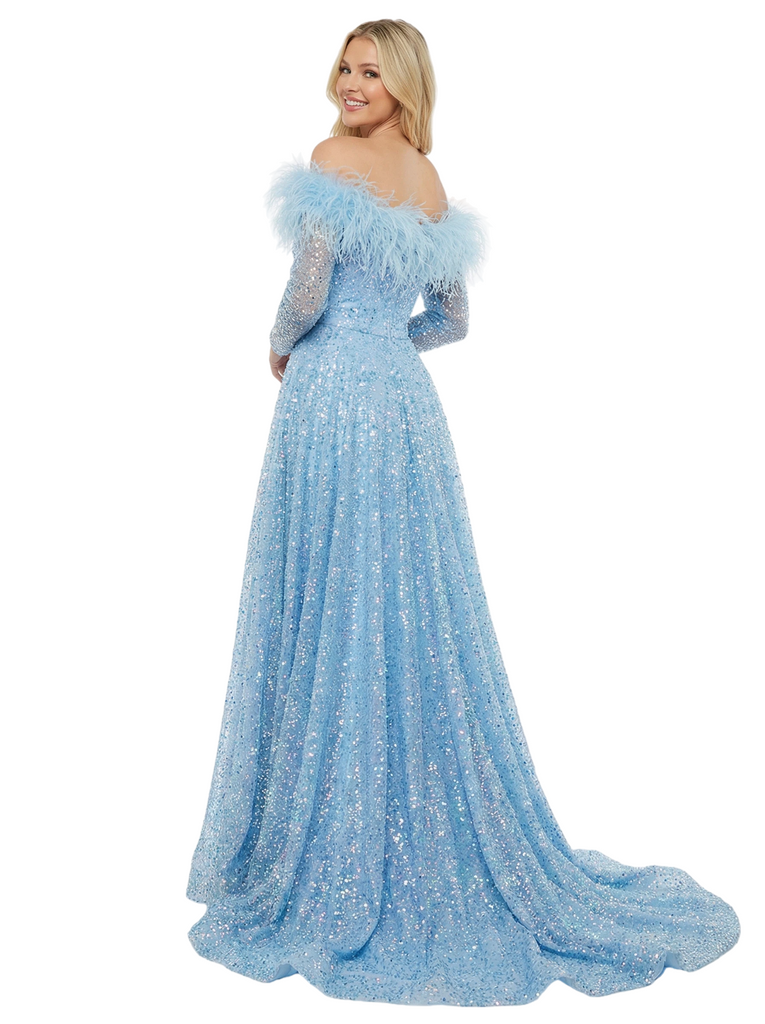 ChicSew Gorgeous Off Shoulder Long Sleeves Side Slit Sequins Feather  A-line Prom Dresses