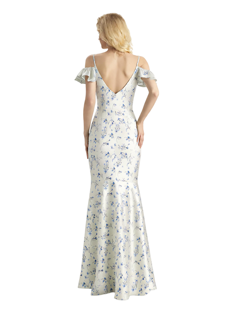 Beautiful Mermaid Cold Shoulder Floral Satin Maxi Floral Formal Dresses For Women