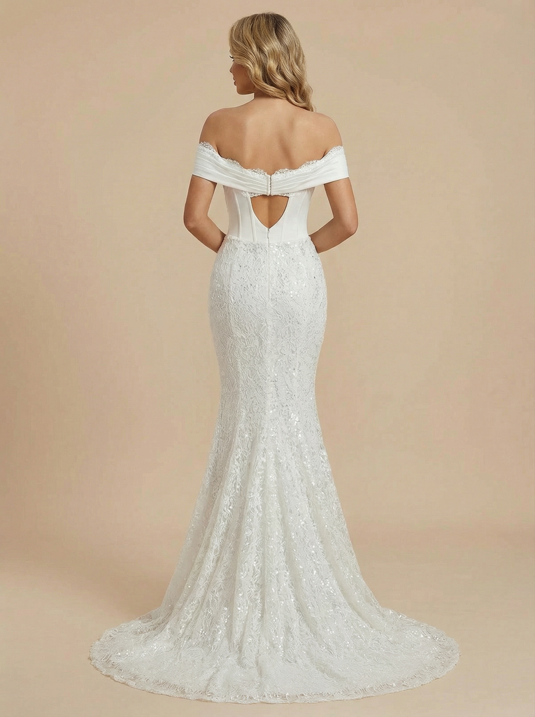 Mermaid Off Shoulder Maxi Long Satin And Lace Wedding Dresses Online