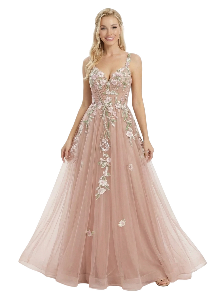 Chicsew Floor Length Formal Dresses Unique Floral Lace Tulle Prom Gown Lace Up Back A-Line Evening Dress, Dusty-Rose Chicsew Floor Length Formal Dresses Unique Floral Lace Tulle Prom Gown Lace Up Back A-Line Evening Dress, Dusty-Rose