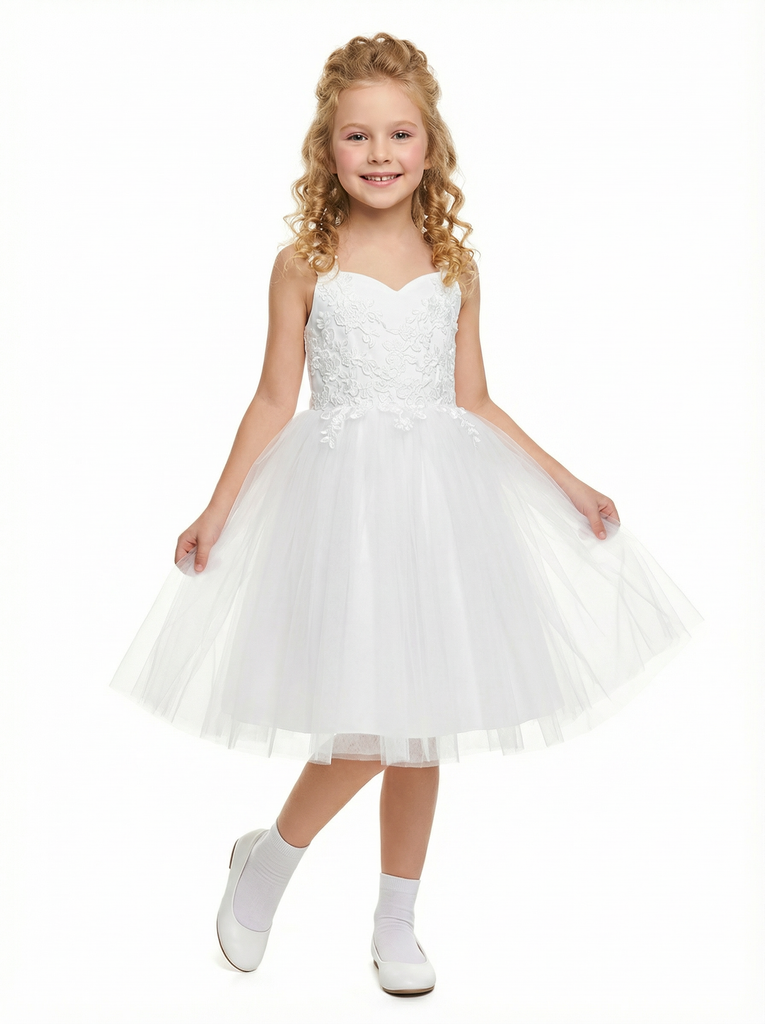 Sweetheart Lace Flower Girl Dress, Strapless Tulle Ball Gown, Appliqué Bodice, Floor Length