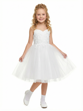 Sweetheart Lace Flower Girl Dress, Strapless Tulle Ball Gown, Appliqué Bodice, Floor Length