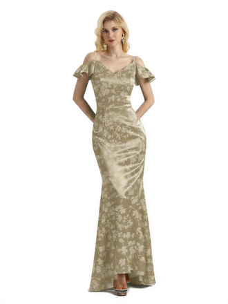 Beautiful Mermaid Cold Shoulder Floral Satin Maxi Floral Formal Dresses For Women