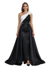 Elegant Black And White Satin One Shoulder A-Line Long Mother Of The Bride Dresses OverSkirt