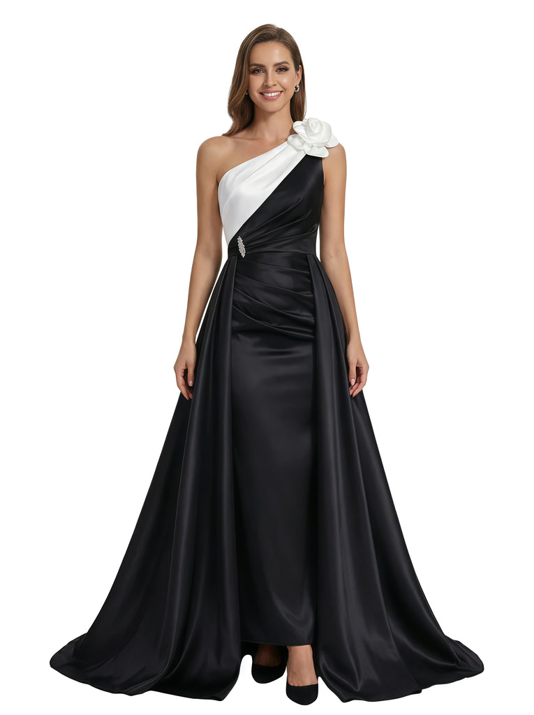 Elegant Black And White Satin One Shoulder A-Line Long Mother Of The Bride Dresses OverSkirt