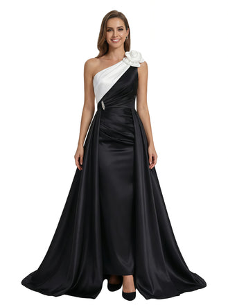 Elegant Black And White Satin One Shoulder A-Line Long Mother Of The Bride Dresses OverSkirt