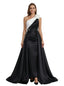 Elegant Black And White Satin One Shoulder A-Line Long Mother Of The Bride Dresses OverSkirt