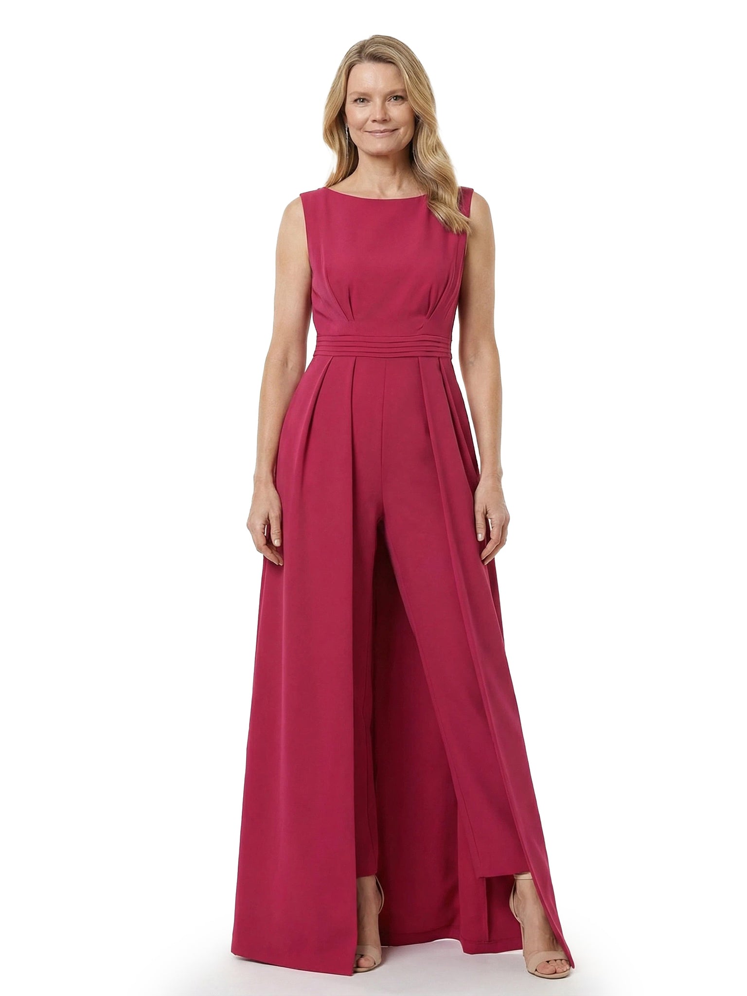 Chicsew Jewel Sleeveless Pantsuit Stretch Crepe Pleated Detail Chic Mother of the Bride Dresses Overskirt