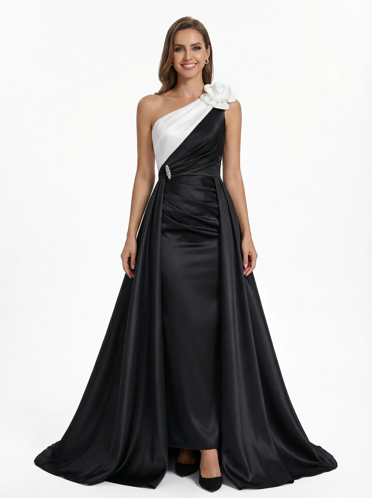 Elegant Black And White Satin One Shoulder A-Line Long Mother Of The Bride Dresses