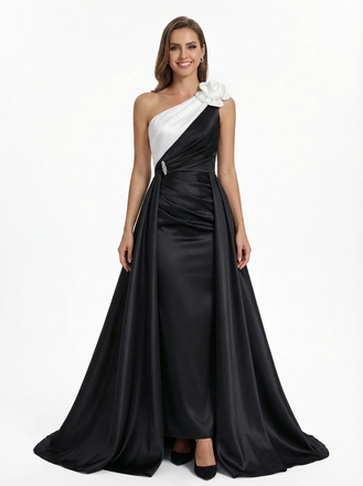 Elegant Black And White Satin One Shoulder A-Line Long Mother Of The Bride Dresses