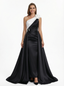 Elegant Black And White Satin One Shoulder A-Line Long Mother Of The Bride Dresses