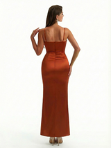 Elegant Mermaid Ruched Satin Long Formal Evening Dresses For Women Spaghetti Straps Side Slit