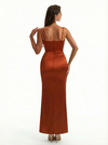 Elegant Mermaid Ruched Satin Long Formal Evening Dresses For Women Spaghetti Straps Side Slit
